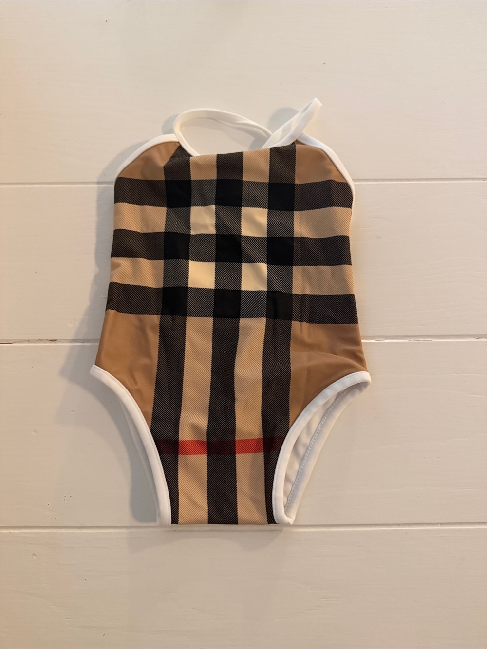 Burberry Plaid One-Piece Swimsuit in Beige Black Red with White Trim